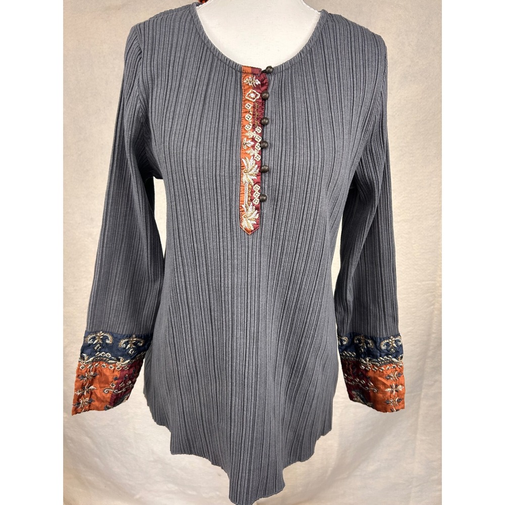 Soft Surroundings Artsy Boho Cottagecore Tunic Top Embroidered Cuffs Womens Med